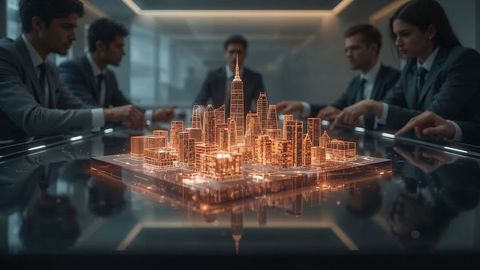 Professionals Analyzing Holographic City Model in Futuristic Boardroom