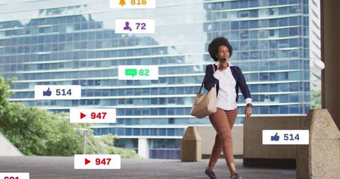 Connected Business Woman Engaging on Social Media While Walking