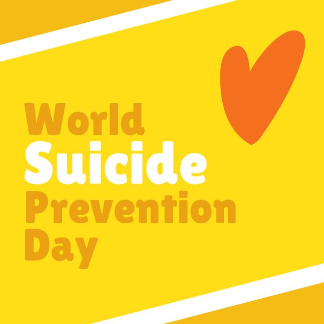Illustration of heart shape and world suicide prevention day text on yellow and white background. Copy space, vector, love, mental health, depression, support, protection, healthcare and awareness.