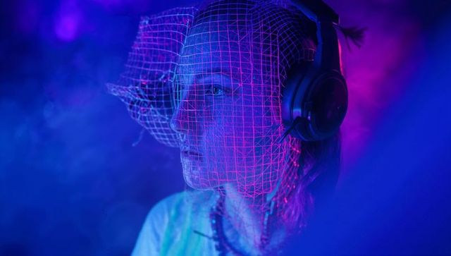 Futuristic Woman with Headphones and Neon Grid