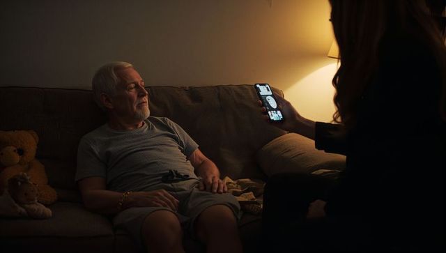 Senior man watching smartphone on couch at night while caregiver showing screen