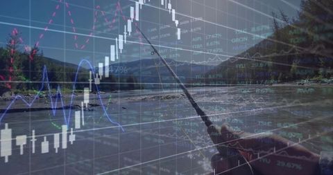 Baby boy holding fishing rod with financial market charts overlaying riverside landscape