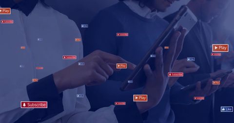 Diverse Professionals Engaging with Social Media Icons on Tablets