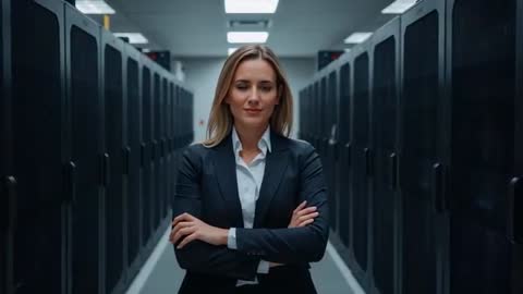 Confident IT Manager Leading Data Center Aisle, Crossing Arms and Smiling While Overseeing Servers
