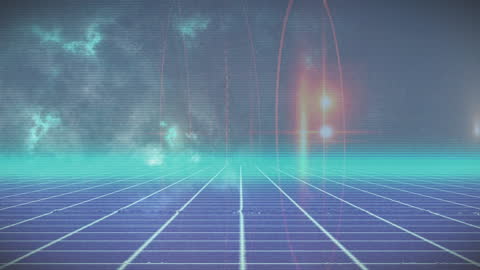 Retro Futuristic Neon Grid Landscape with Digital Effects