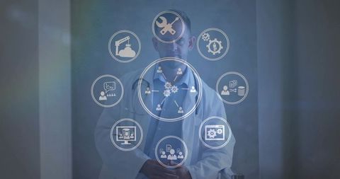 Engineer Engaging Virtual Interface with Data Network Icons