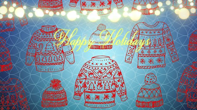 This animated design features a vibrant 'Happy Holidays' greeting with glowing fairy lights, surrounded by Christmas sweaters and hats on a blue geometric background. Perfect for digital holiday greeting cards, festive social media posts, holiday themed advertisements, winter celebration announcements, and holiday marketing materials.