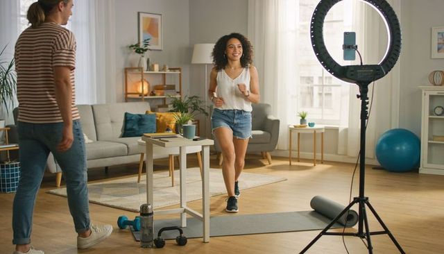 Woman filming home cardio workout with ring light and smartphone, partner coaching