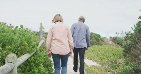 Senior Couple Walking Dogs Outdoors Amidst Greenery