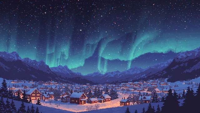 Cozy pixel art winter village glowing windows under vibrant aurora borealis in mountain valley
