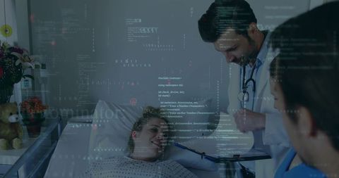 Doctor consulting smiling patient in hospital bed with digital data overlay
