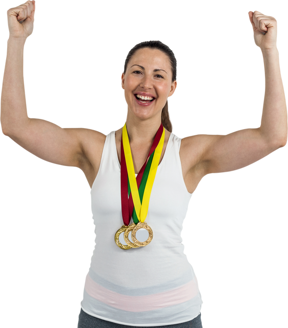 Transparent Joyful Female Athlete Celebrating Victory with Gold Medals - Download Free Stock Videos Pikwizard.com