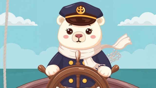 Adorable polar bear captain steering ship helm wearing navy coat scarf kawaii sailor hat