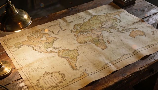Antique world map unfurling on worn wooden desk under warm brass lamp with cartouche