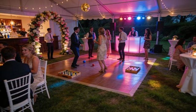Evening outdoor wedding reception dancing under tent with disco ball and floral arch