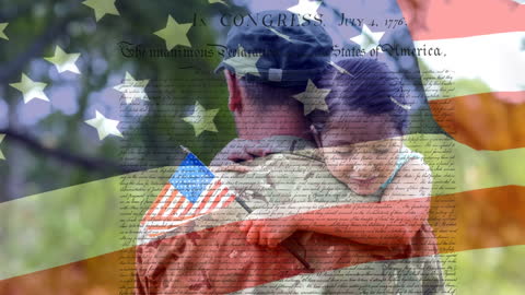 Patriotic Soldier Embracing Child with Declaration of Independence