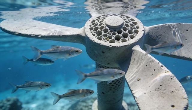 Silvery fish schooling around perforated artificial reef propeller in sunlit shallow water