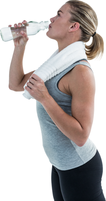 Fit woman drinking water in sportswear with white towel - Download Free Stock Videos Pikwizard.com