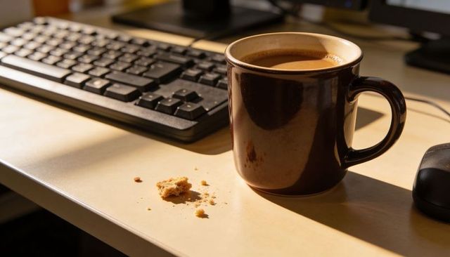 Sunlit desk coffee mug resting with crema and biscuit crumbs beside keyboard