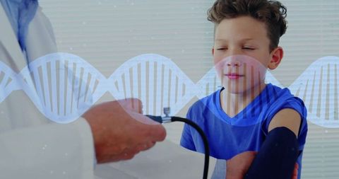Doctor checking boy's blood pressure with dna overlay in exam room