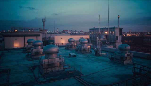 Rooftop at Twilight Featuring Air Handling Units and Ventilation Systems