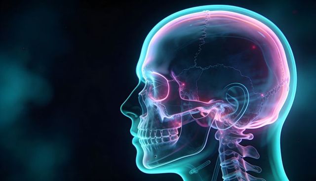Neon Translucent Skull and Cervical Spine 3D Anatomy Visualization with Glowing Cranium