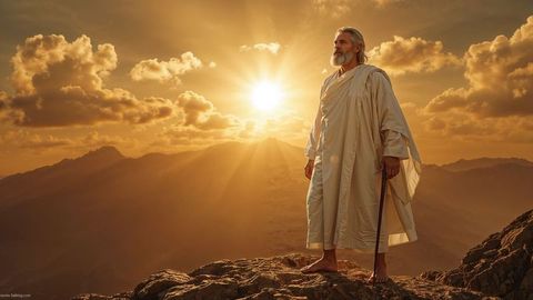 Bearded man in beige robe with staff on sunrise mountain