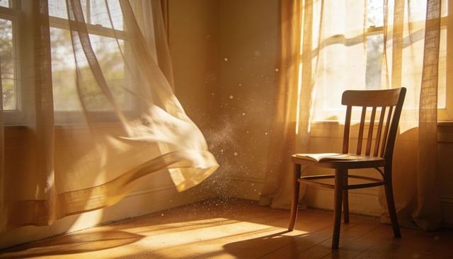 Sunlight streaming through sheer curtains onto wooden chair with open book and dust motes