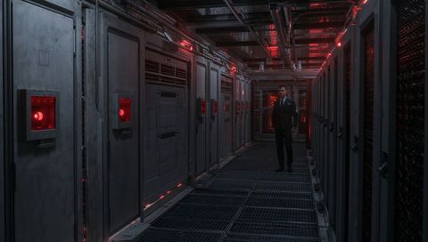 Man Monitoring High-Tech Data Center with Red LED Lights