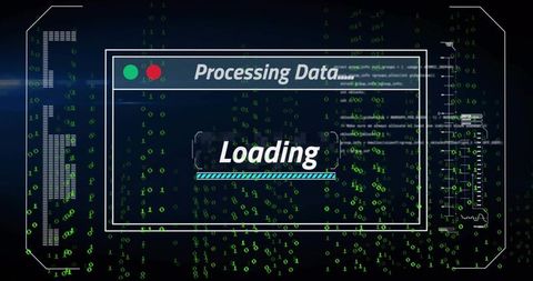 Futuristic hud processing data loading screen with binary matrix and progress bar