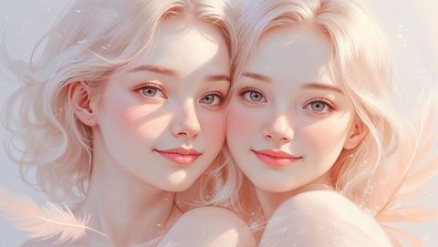 Enchanting blond sisters with feathers and sparkles