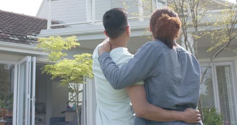 Warm Embrace of Diverse Gay Couple at New Home Garden - Download Free Stock Images Pikwizard.com