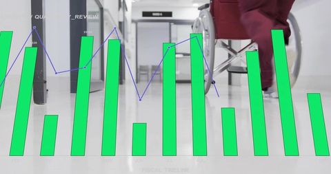Healthcare analytics overlay featuring patient data and wheelchair nurse in clinic corridor