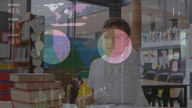 Multilevel exposure of a schoolboy eagerly raising his hand in a classroom, overlayed with digital graphic elements including charts and global maps. This thematic fusion of education and modern digital technology embodies the integration of innovative learning methods. Perfect for illustrating topics related to e-learning, child development with digital tools, educational technology advancements, and modern schooling techniques.