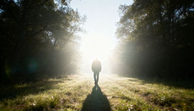 Silhouetted man walking into radiant sunlight along forest meadow path at dawn