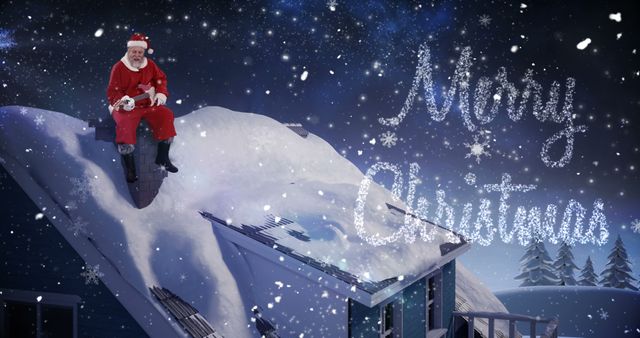 Santa Claus Sitting on Snowy Rooftop with Merry Christmas Sign - Download Free Stock Images Pikwizard.com