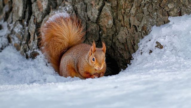 Red squirrel sitting in snow holding pine cone at rough-barked tree base, winter foraging