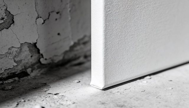 Leaning canvas edge on cracked plaster showing textile weave, flaking paint, soft shadow