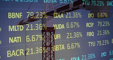 Stock Market Data Overlying Construction Crane Symbolizing Economic Growth - Download Free Stock Images Pikwizard.com