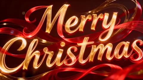 Glowing Gold Merry Christmas Calligraphy Shifting with Flowing Red Ribbons and Bokeh