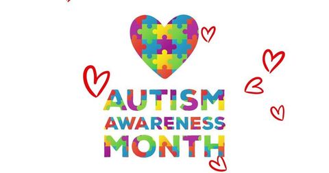 Multicolor puzzle-heart autism awareness month poster with red hearts and jigsaw pattern