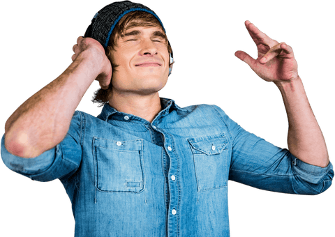 Cheerful Young Man in Denim Enjoying Music Transparent Image - Download Free Stock Videos Pikwizard.com