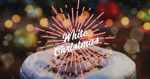 White Christmas Text Over Creamy Dessert with Festive Lights