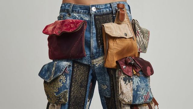 Patchwork utility denim pants with tapestry, velvet and leather pouches, boho streetwear