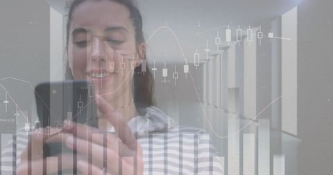 Smiling woman using smartphone with financial data overlay