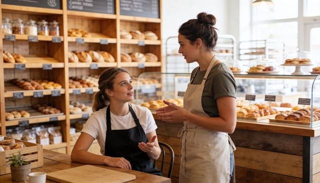 Bakery staff chatting and coordinating orders among wooden displays of artisan breads