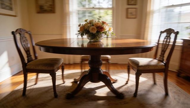 Sunlight Streaming Over Round Mahogany Dining Table with Rose Bouquet and Carved Chairs