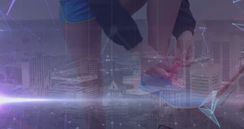 Dynamic Digital Overlay with Female Athlete Tying Shoes