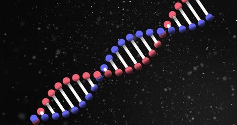 Digital DNA Helix with Red and Blue Nodes in Abstract Space