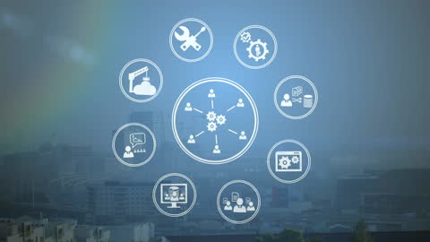 Technology Icons Overlay on Urban Cityscape